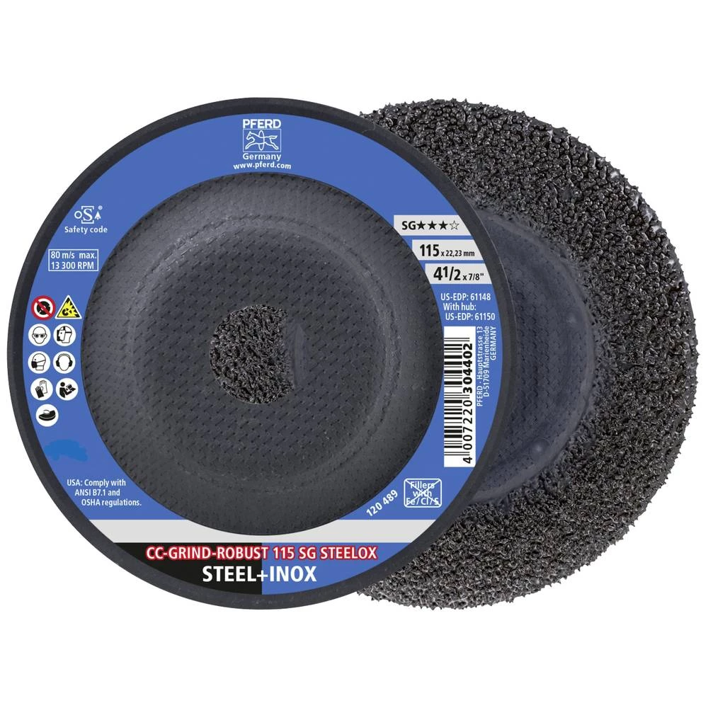 <br>  PFERD<br>  64195115<br>  CC-GRIND-ROBUST 115 SG STEELOX<br>  brusna ploča<br>  promjer 115 mm<br>  Promjer bušotine 22.23 mm<br>  <br>  10 St.<br> slika