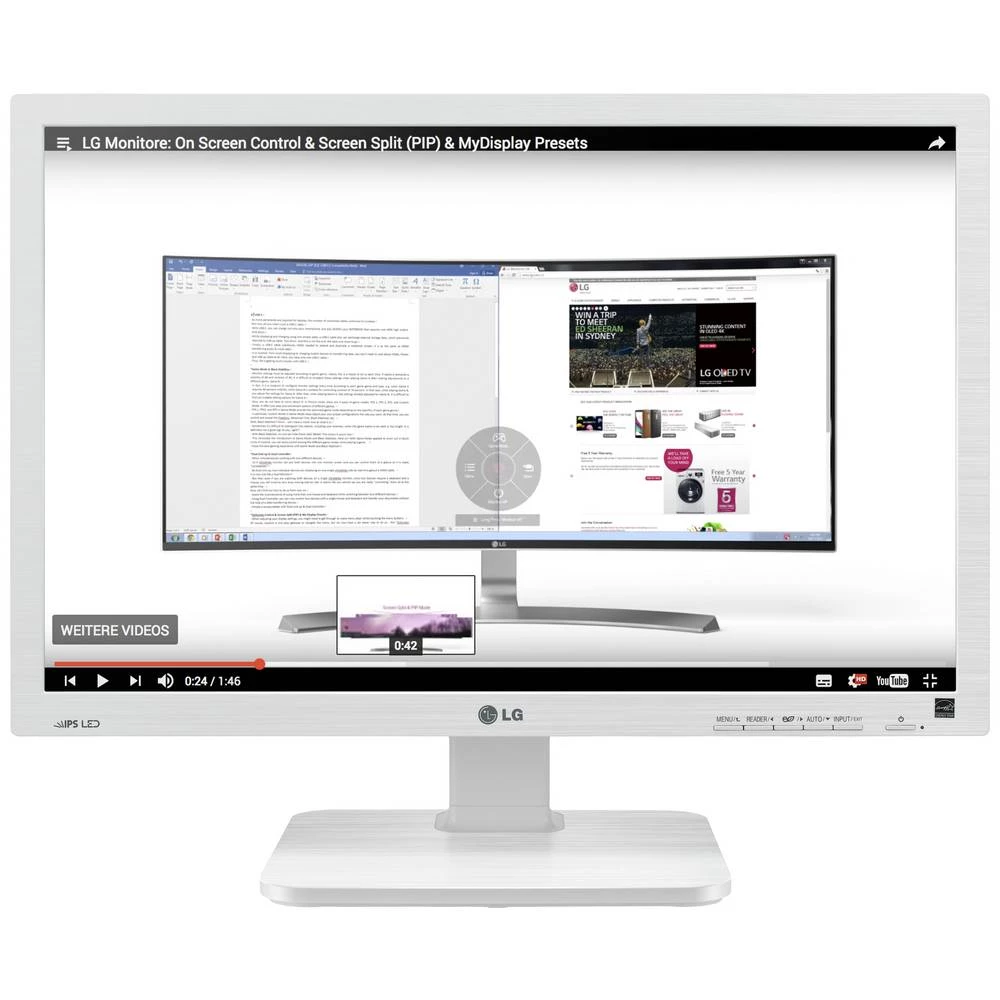 LG Electronics 24BK55WY-W LED zaslon 61 cm (24 palac) Energetska učinkovitost 2021 G (A - G) 1920 x 1200 piksel Full-HD+ 5 ms DVI, USB, VGA, DisplayPort, USB 2.0, utičnica za slušalice, audio slika