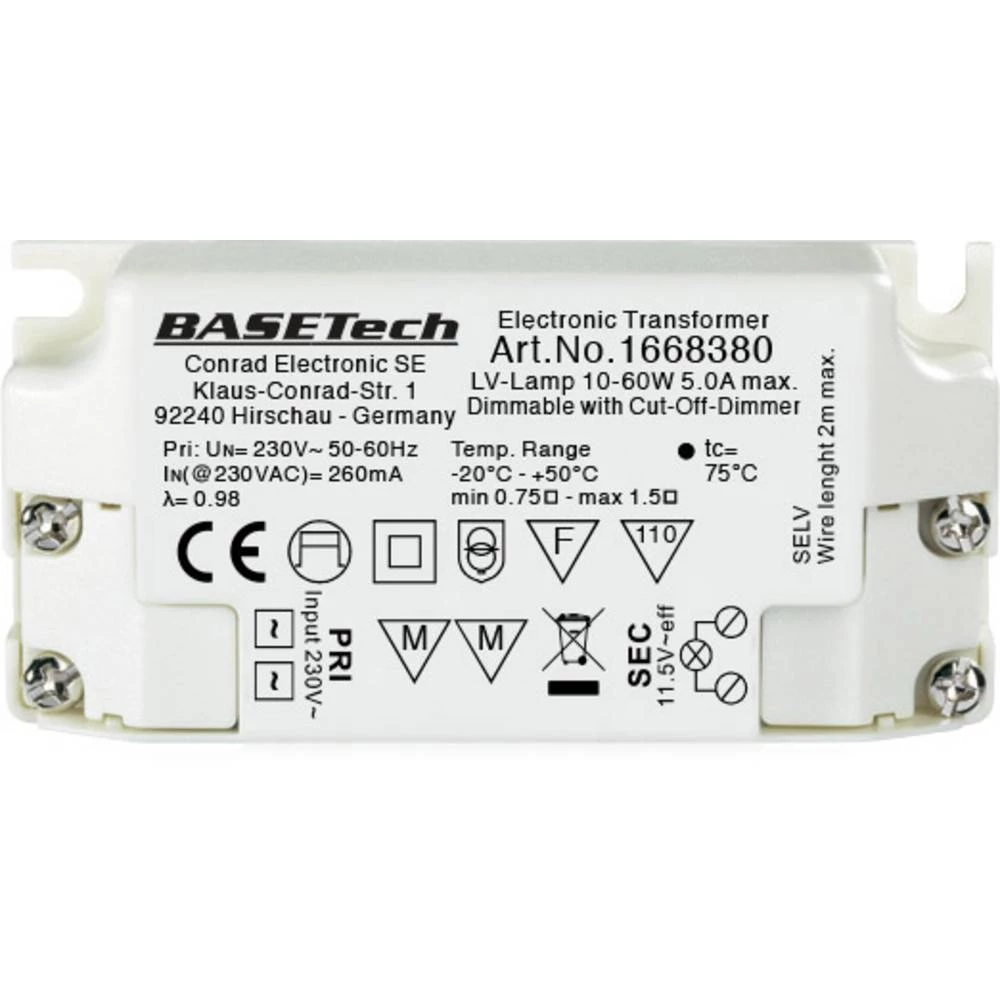 Halogeni transformator Basetech BT-1668380 12 V 10 - 60 W Prigušivanje sa sektorskim prigušivačem slika