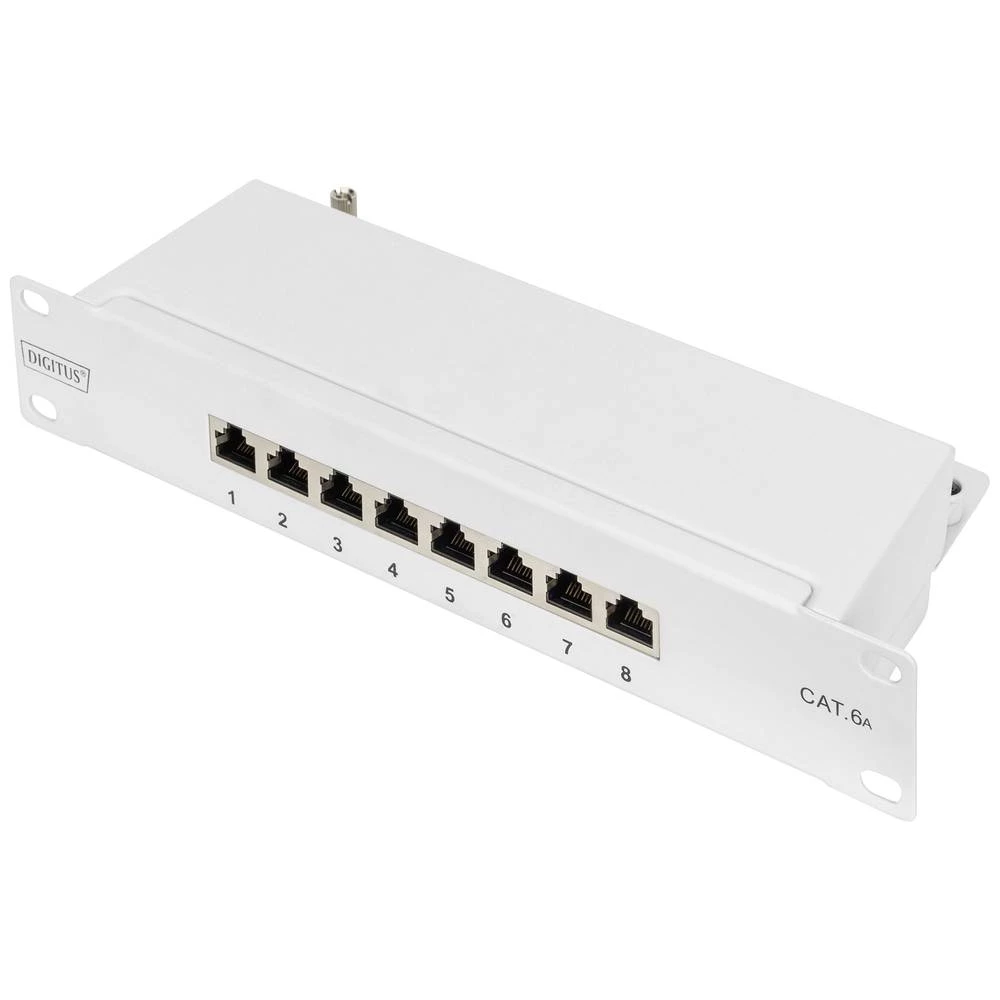 10&quot, CAT 6A patch panel, oklopljen, 8 priključaka, 1U, 10 inča, montaža u stalak, siva RAL 7035   Digitus  DN-91608S-EA-G  8 ulaza  patch panel  254 mm (10'')  CAT 6a  1 U slika