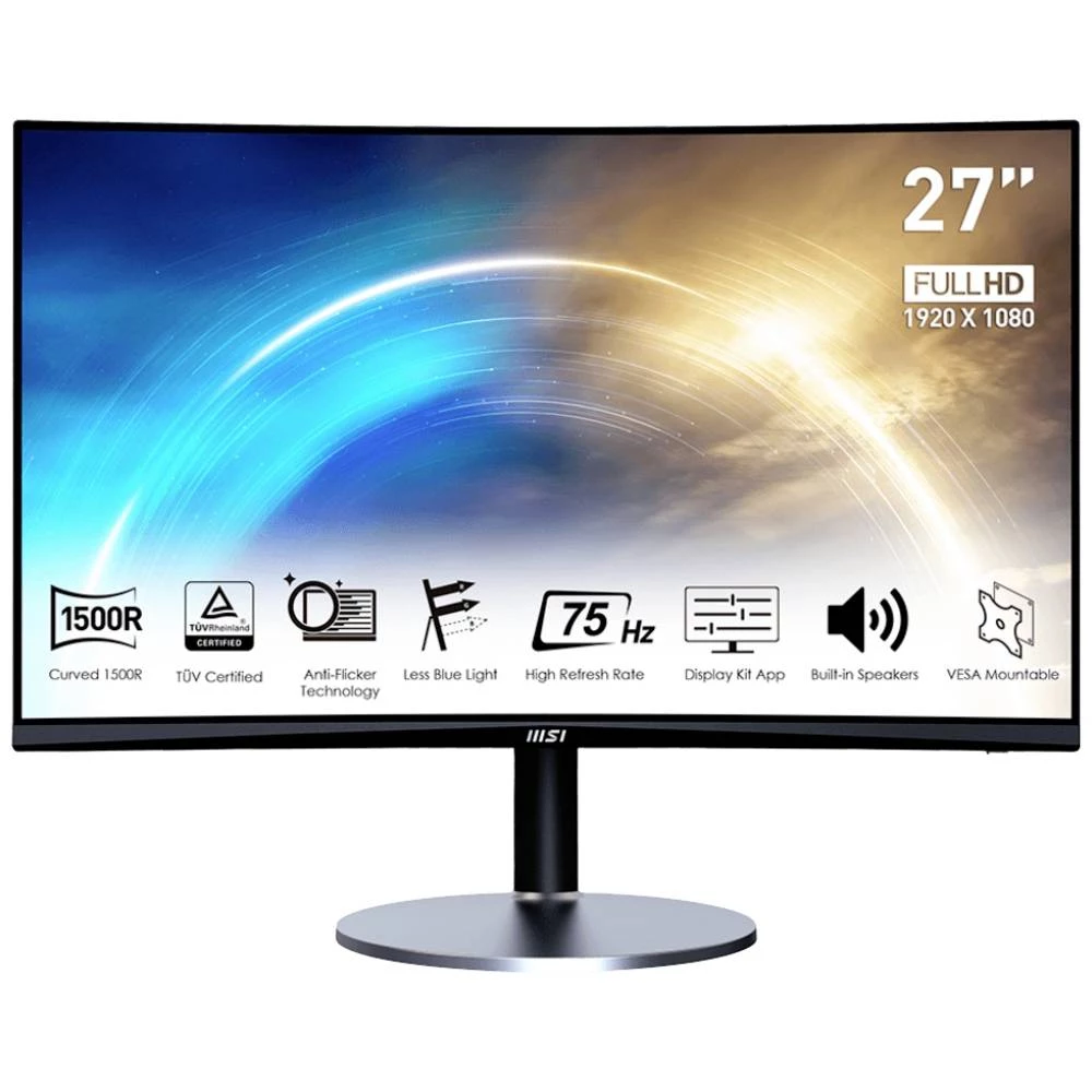 MSI PRO MP272CDE LED zaslon 68.6 cm (27 palac) Energetska učinkovitost 2021 E (A - G) 1920 x 1080 piksel Full HD 1 ms HDMI™, DVI, audio line-in, slušalice (3.5 mm jack) VA LED slika