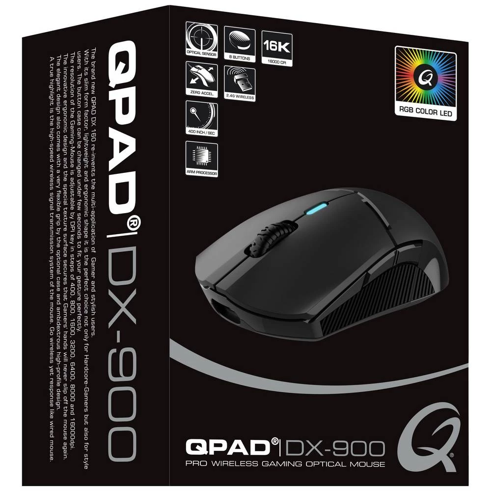 QPAD DX900 bežično, žičani igraći miš optički osvjetljen crna, RGB slika