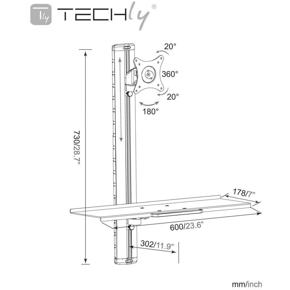 TECHly ICA-PLW-01 zidni nosač za monitor 38,1 cm (15") - 68,6 cm (27") nagibni i okretni, rotirajuči, ladica za tipkovni slika
