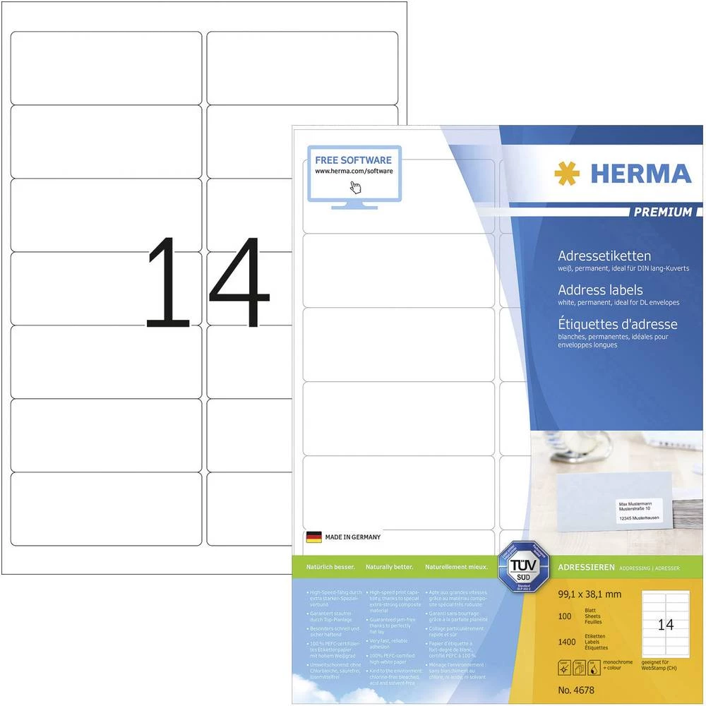 Herma 4678 Etikete 99.1 x 38.1 mm Papir Bijela 1400 ST Trajno Naljepnice za adrese Tinta, Laser, Kopija slika