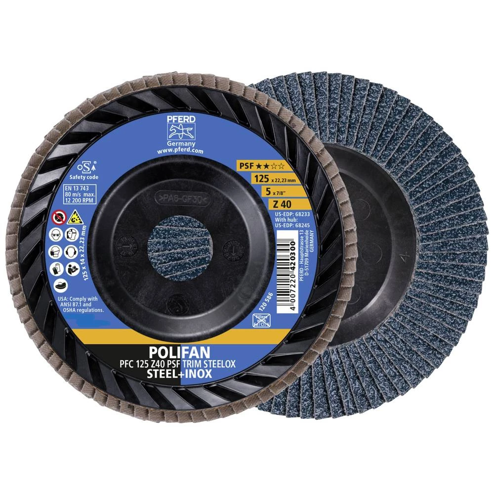 <br>  PFERD<br>  67771124<br>  PFC 125 Z 40 PSF TRIM STEELOX<br>  lamelna brusna ploča<br>  promjer 125 mm<br>  Promjer bušotine 22.23 mm<br>  <br>  10 St.<br> slika