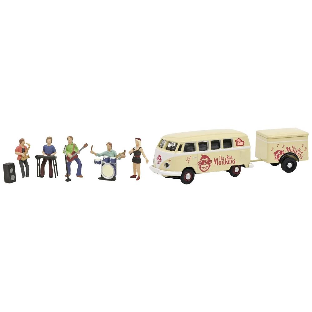 Schuco 452669100 h0 Volkswagen T1 autobus s prikolicom i bendom The Red Monkeys slika