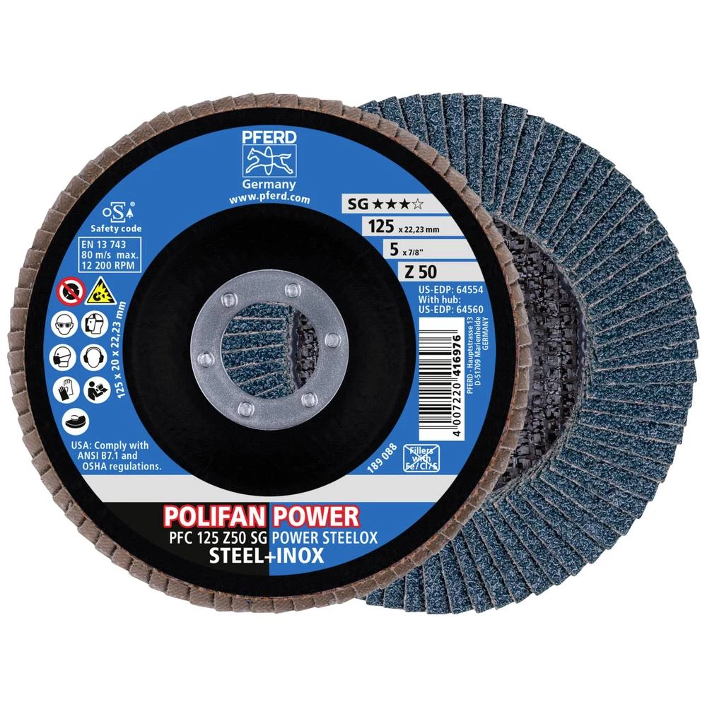 <br>  PFERD<br>  67785126<br>  PFC 125 Z50 SG POWER STEELOX<br>  lamelna brusna ploča<br>  promjer 125 mm<br>  Promjer bušotine 22.23 mm<br>  <br>  10 St.<br> slika