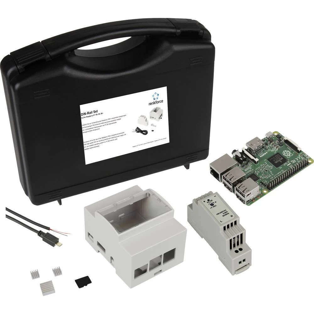 <br>  Renkforce<br>  DIN-Rail Set<br>  Raspberry Pi® 2 B<br>  1 GB<br>  4 x<br>  0.9 GHz<br>  uklj. DIN kućište, uklj. napajanje DIN tračnice, uklj. USB kabel, uklj. noobs os, uklj. hladnjak< slika