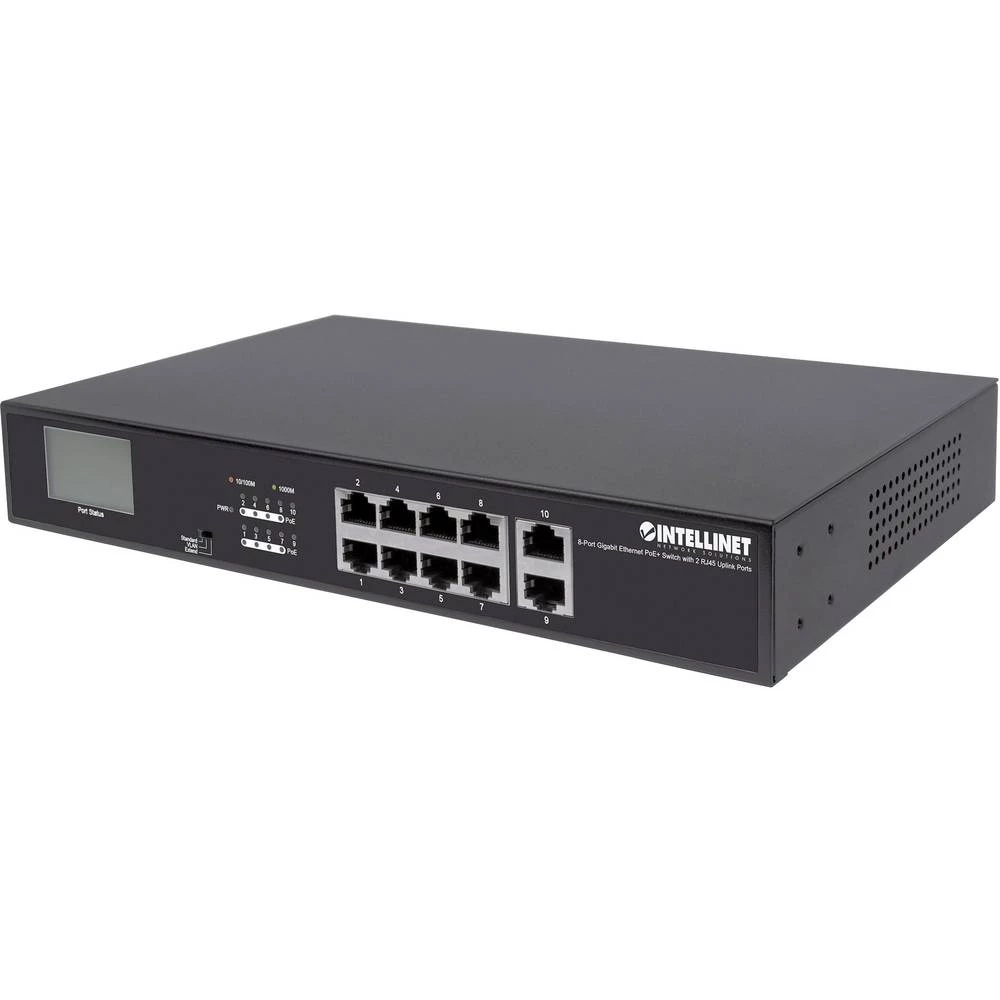 Intellinet 8-Port Gigabit PoE+ Switch mit 2 RJ45-Uplink-Ports und LCD-Anzeige PoE+/PoE 130W 19" mrežni prekidač RJ45 1 Mbit/s slika