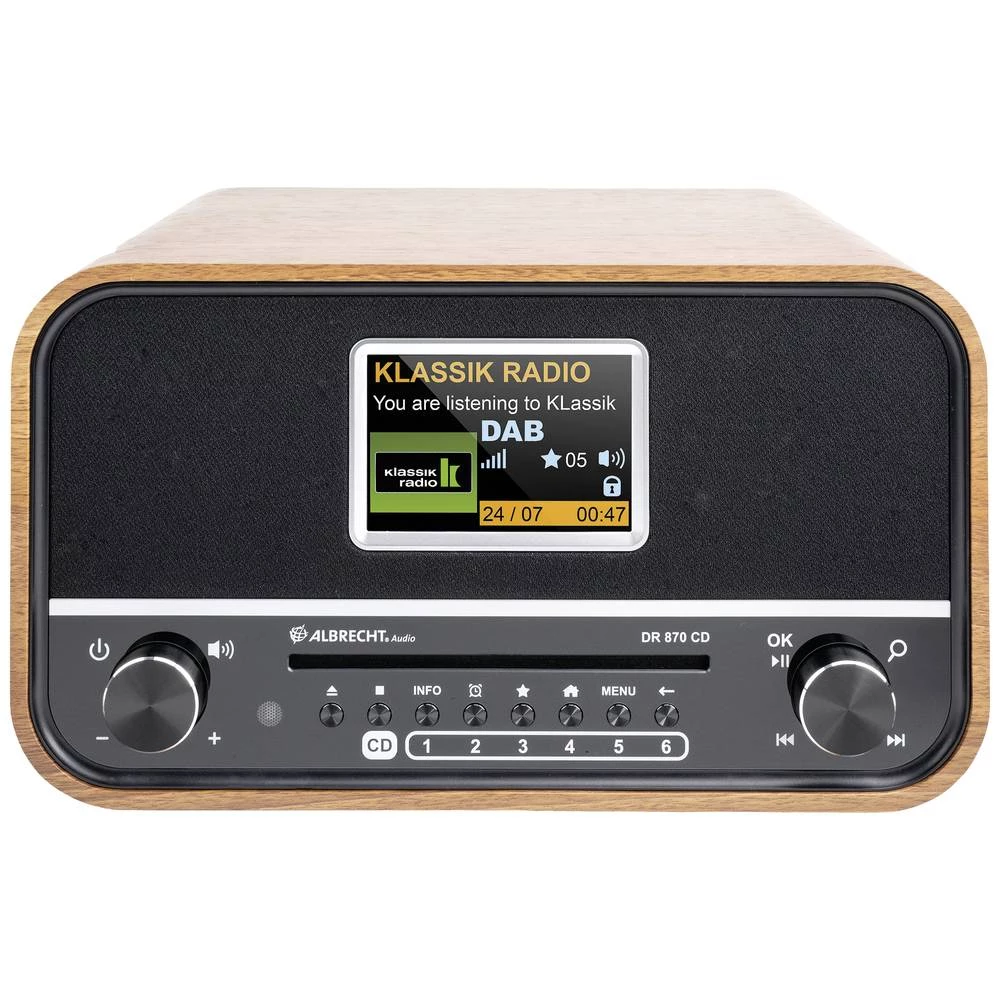 Albrecht DR 870 CD Seniorenradio, DAB+/ UKW/ CD/ USB desktop radio DAB+ (1012), UKW (1014) DAB+, UKW, Bluetooth® funkcija alarma, uklj. daljinski upravljač orah, crna slika