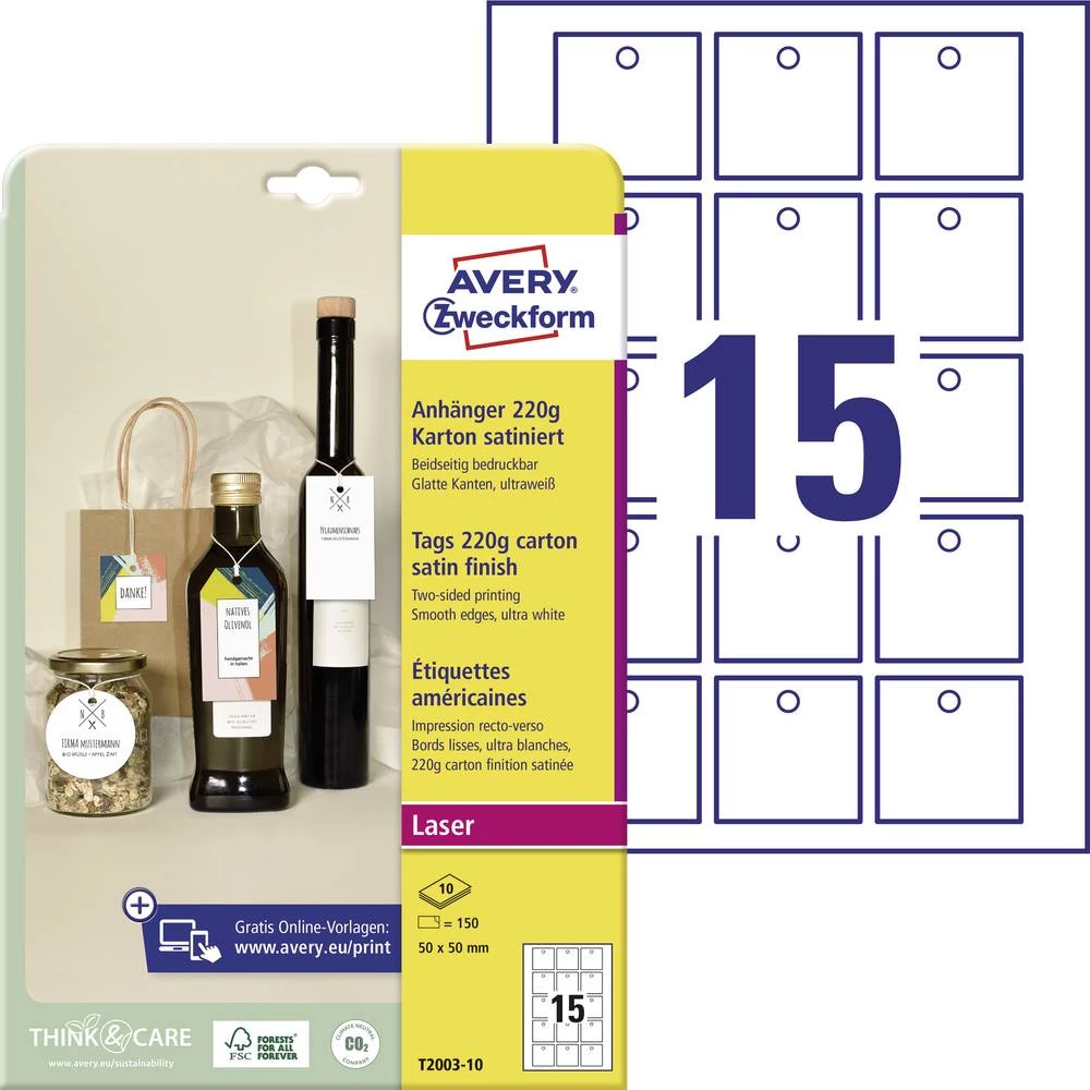 Avery-Zweckform T2003-10 etikete (A4) 50 x 50 mm kartonska kutija ultrabijela 150 St. neljepljivo naljepnice za prikolice slika