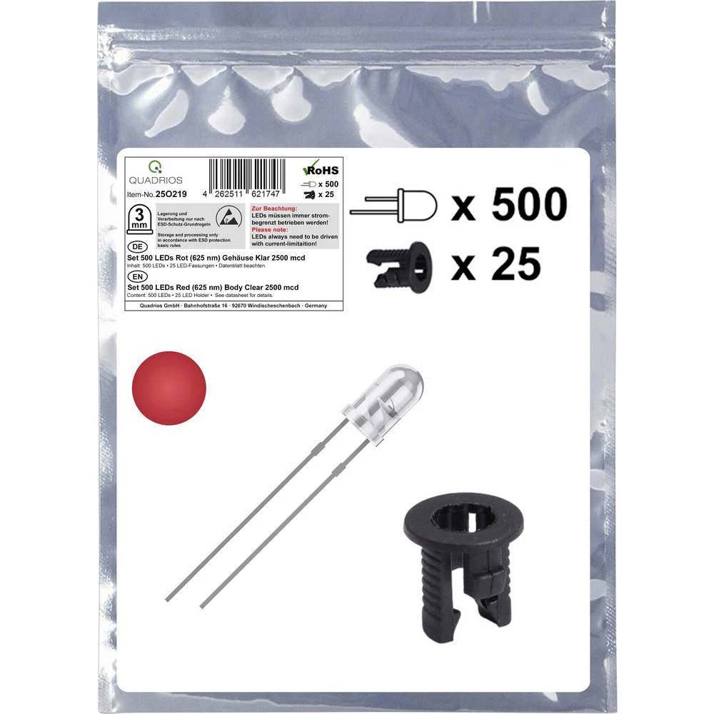 Quadrios 25O219 LED komplet crvena okrugli 3 mm 2500 mcd 20 mA 2.0 V slika