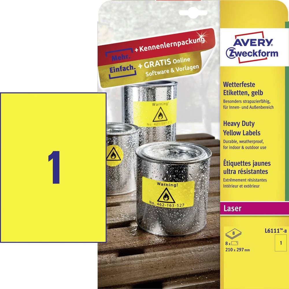 Avery-Zweckform L6111-8 Etikete 210 x 297 mm Poliester film Žuta 8 ST Trajno Univerzalne naljepnice, Naljepnice otporne na vreme slika