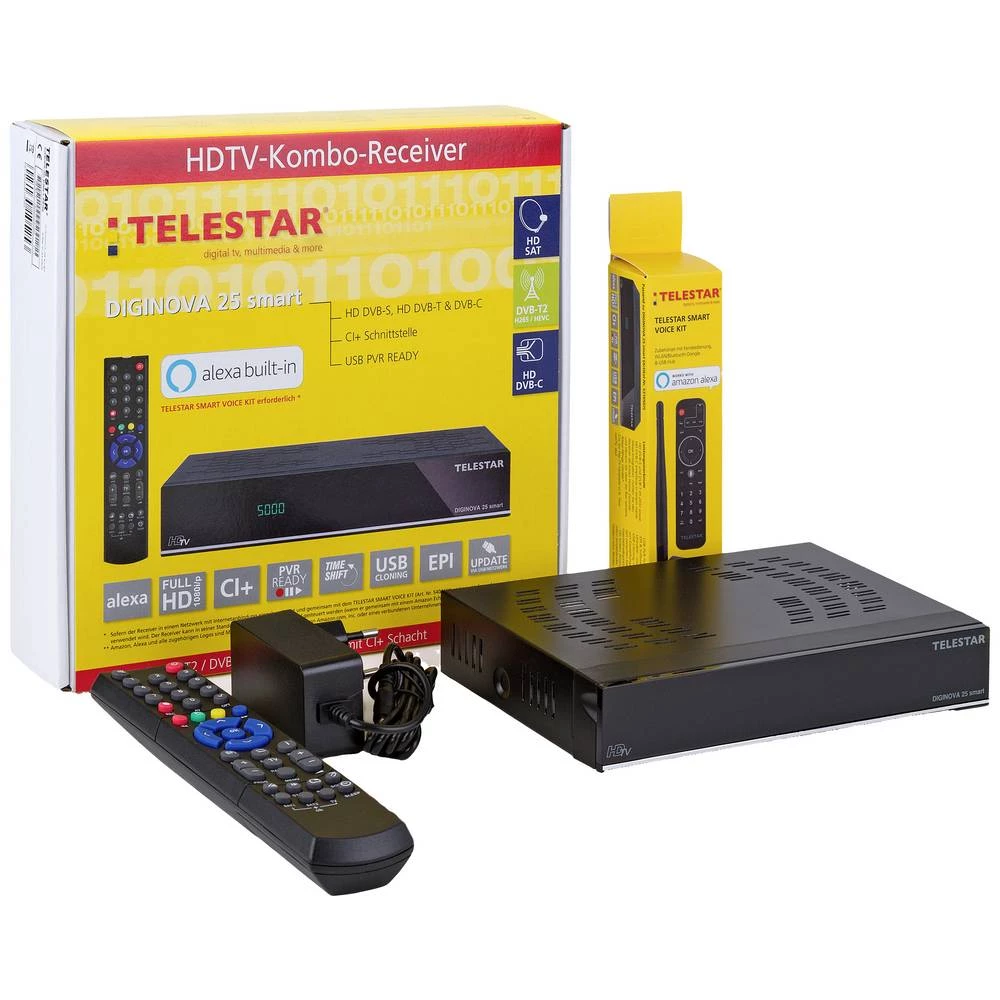 Telestar DIGINOVA 25 smart+SMART VOICE KIT dvb-s i dvb-c kombinirani prijemnik funkcija snimanja, ethernet priključak, jedan kabel, podržava unicable 2, podržava WLAN Broj prijemnika: 2 slika