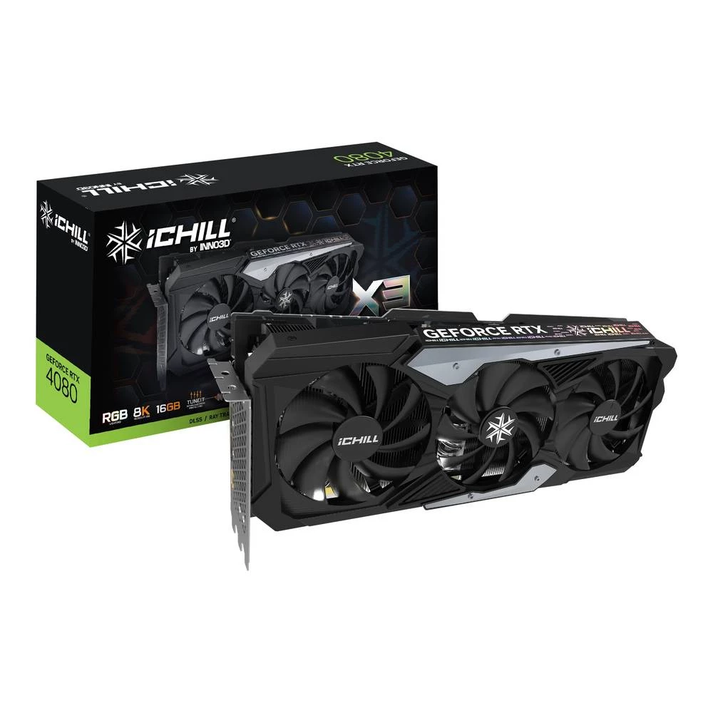 Inno3D RTX4080 IChill X3 16GB GeForce RTX 4080 16GB GDDR6X 256bit 7680x4320 piksela PCI Express x16 4.0 Inno 3D grafička kartica  RTX 4080  16 GB    PCIe 4.0 x16 slika