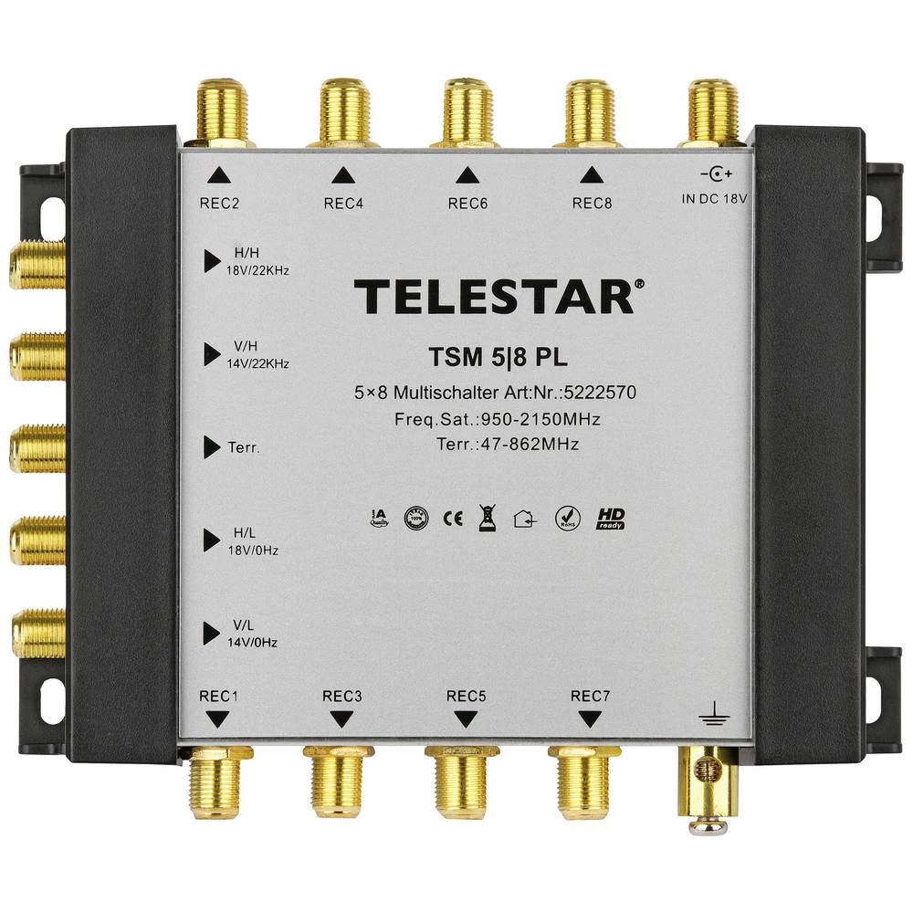 Telestar TSM 5/8 Premium Line satelitski multiprekidač Ulazi: 5 (4 sat/1 zemaljske) Broj sudionika: 8 slika