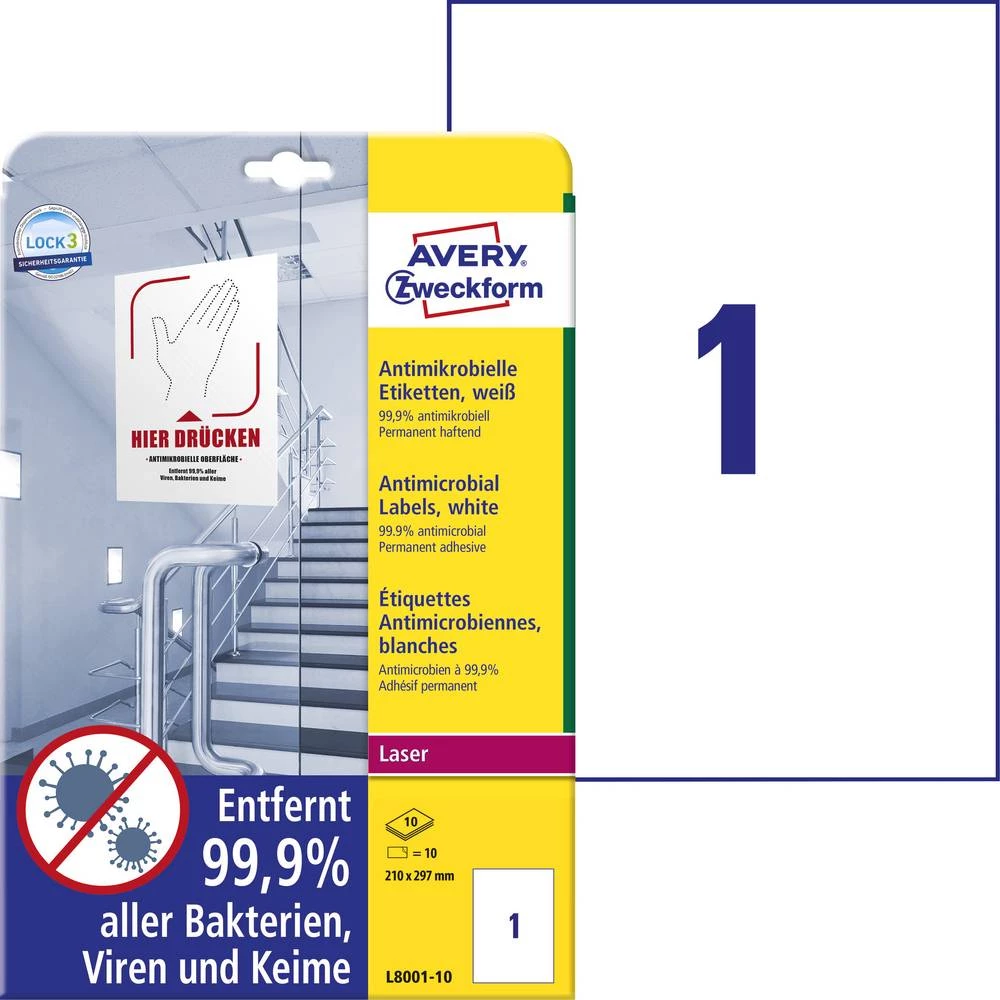 Avery-Zweckform L8001-10 antimikrobne oznake 210 x 297 mm poliester film bijela 10 St. trajno 10 Blatt slika