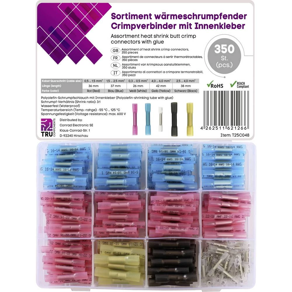 TRU COMPONENTS T25C048 udarni konektor stezne cijevi 0.3 mm² 6.0 mm² potpuno izolirani bijela, crvena, plava boja, crna, slika