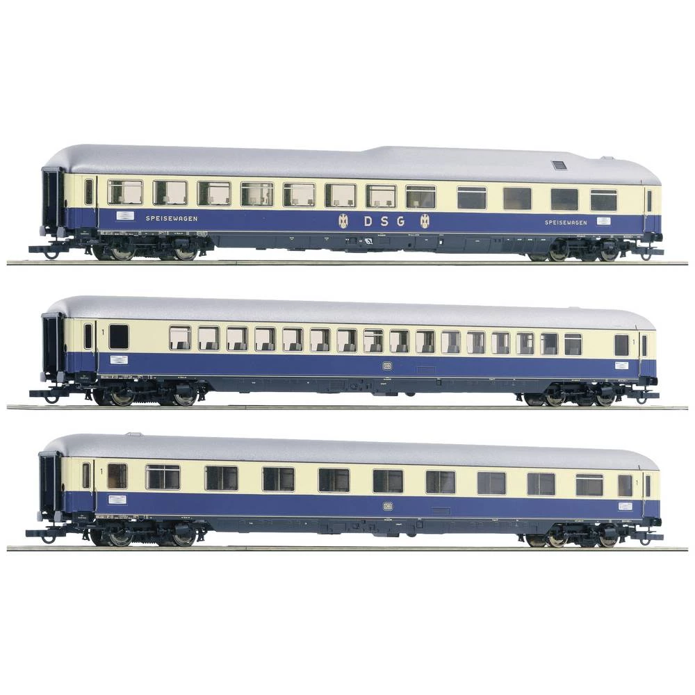 Roco 74049 H0 set od 3 osobna automobila F21 Rheinpfeil DB 1. klasa velikog kapaciteta tip Ap4üm, 1. klasa kupe tip Av4üm, grba vagon-restoran tip WR4üm slika