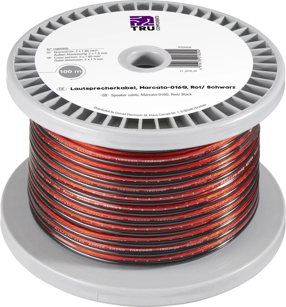 Zvučnički kabel 2 x 1.35 mm&sup2; Crvena, Crna TRU COMPONENTS 1565455 100 m slika