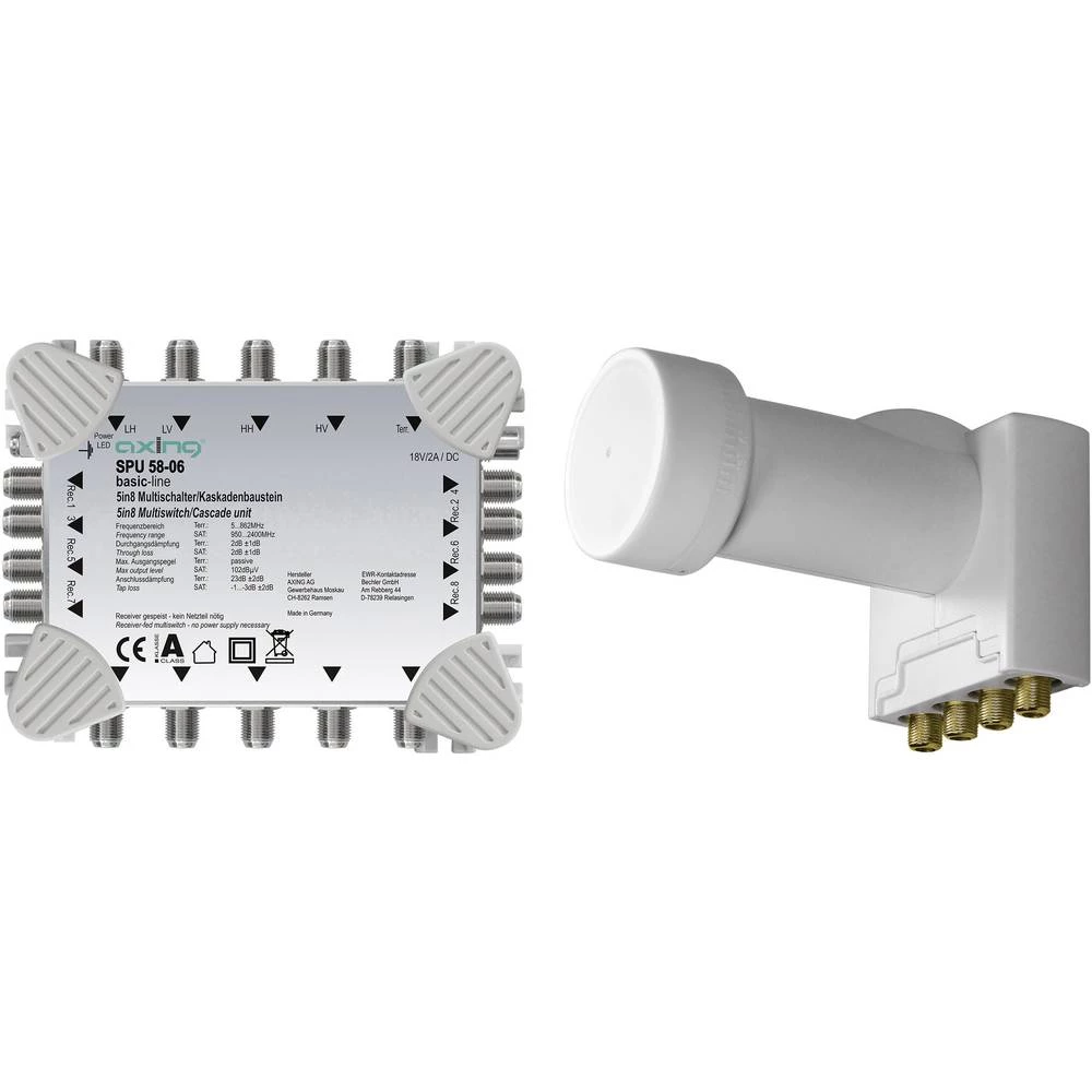 Satelitski multiprekidač Axing SPU 58-97 Ulazi: 5 (4 Sat/1 zemaljske) Broj sudionika: 8 Uključujući LNB slika