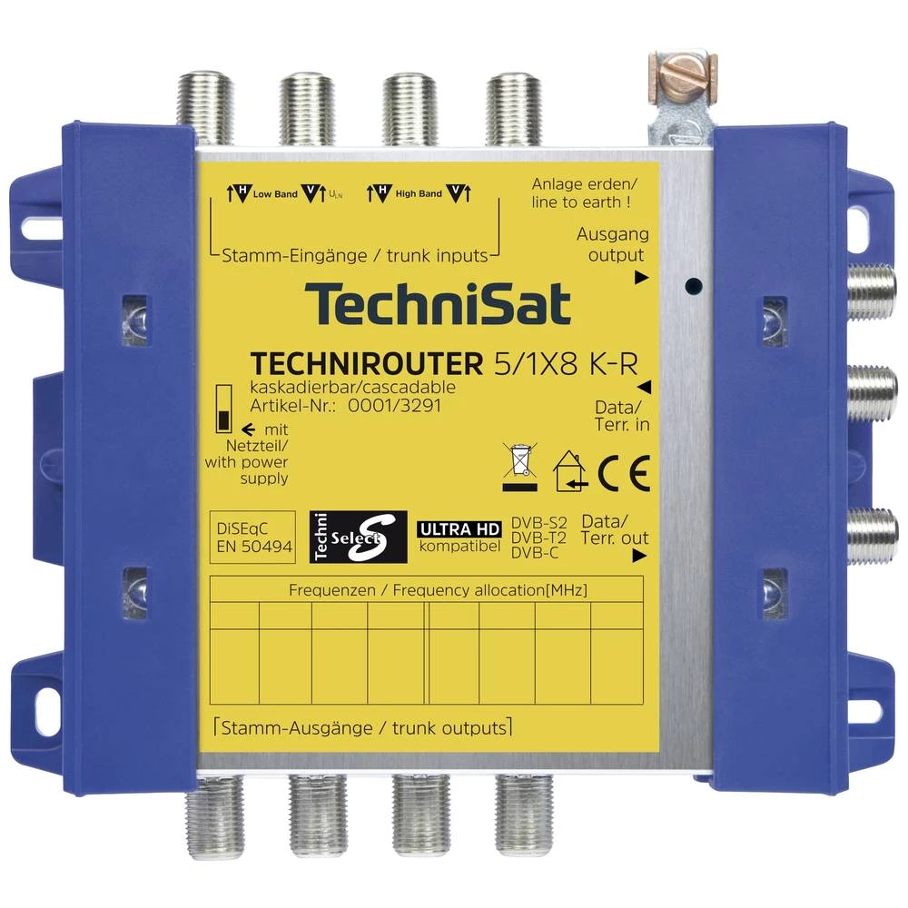 TechniSat Technirouter 5/1x8 K-R satelitski multiprekidač Ulazi (višestruki prekidač): 5 (4 sat/1 zemaljske) Broj sudionika: 8 slika