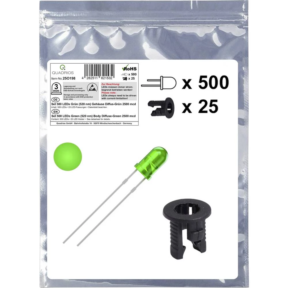 Quadrios 25O198 LED komplet zelena okrugli 3 mm 2500 mcd 20 mA 3.0 V slika