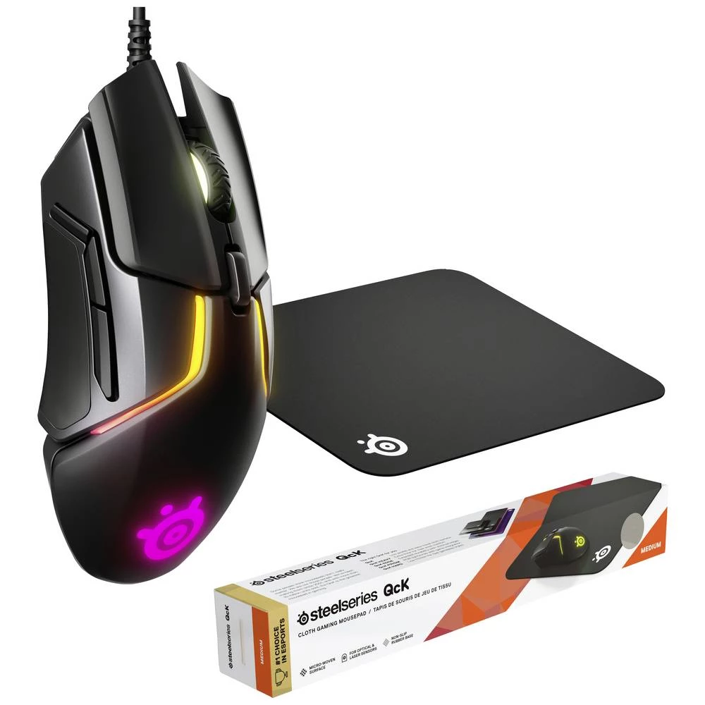 Steelseries Rival 600, Qck Medium Bundle igraći miš žičani optički crna 7 Tipke 12000 dpi odvojivi kabel, ergonomski, osvjetljen, podešavanje težine slika