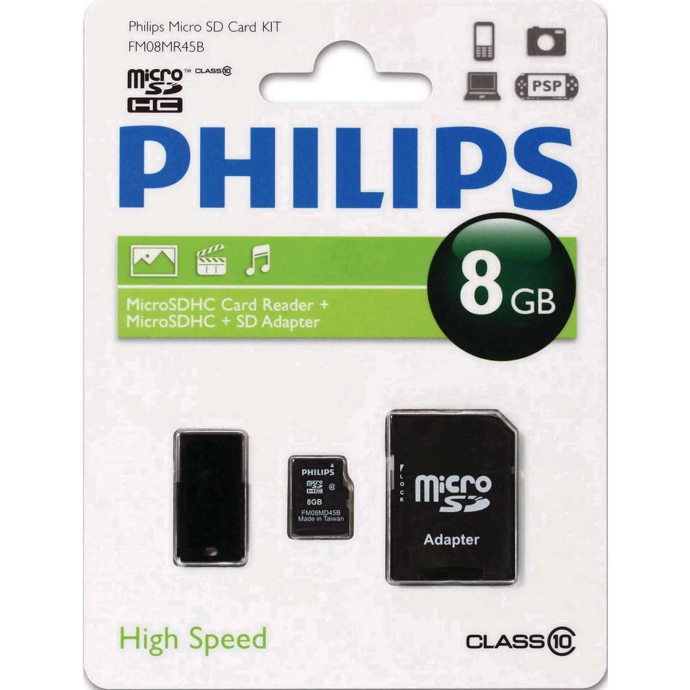 microSDHC kartica 8 GB Philips Class 10 Uklj. SD-adapter, Uklj. USB čitač kartica slika