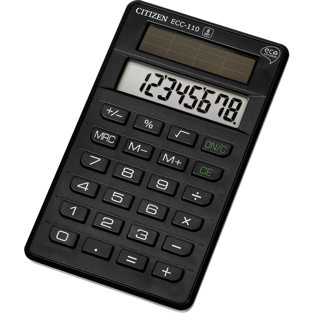 Džepni kalkulator Citizen Office ECC-110 Eco Crna Zaslon (broj mjesta): 8 solarno napajanje (Š x V x d) 70 x 15 x 118 mm slika