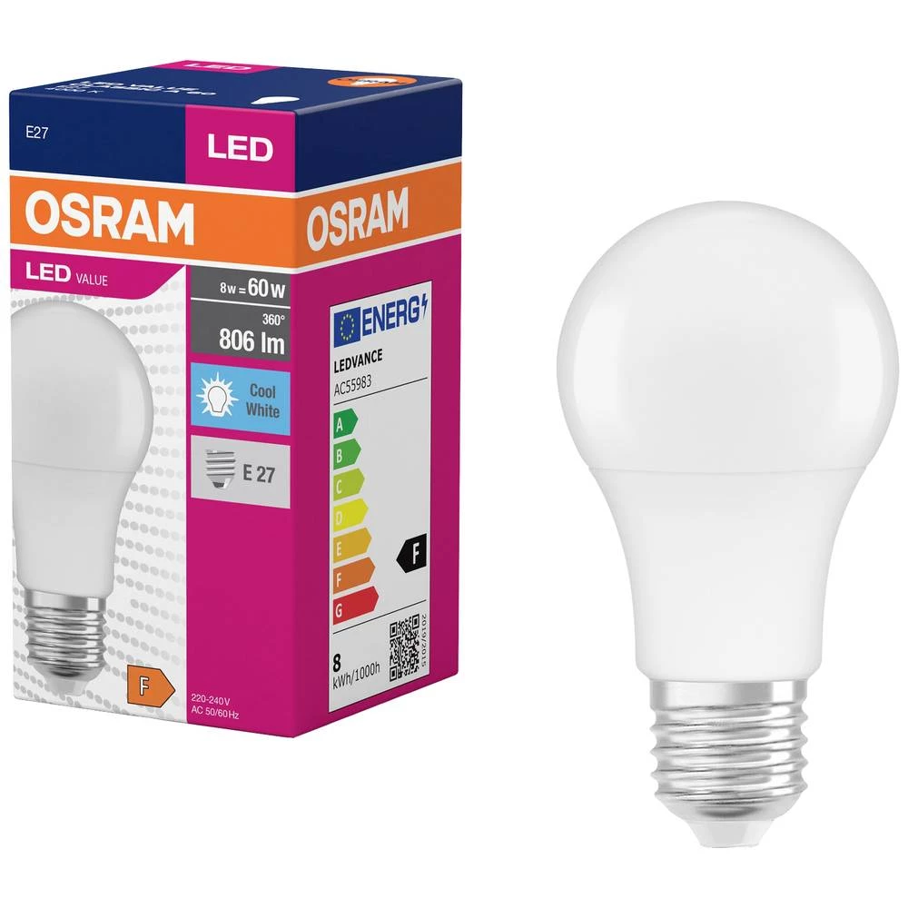 OSRAM 4099854109799 LED Energetska učinkovitost 2021 F (A - G) E27 oblik kruške 8.5 W = 60 W neutralna bijela (Ø x V) 60 slika