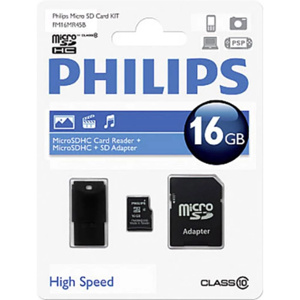microSDHC kartica 16 GB Philips Class 10 Uklj. SD-adapter, Uklj. USB čitač kartica slika