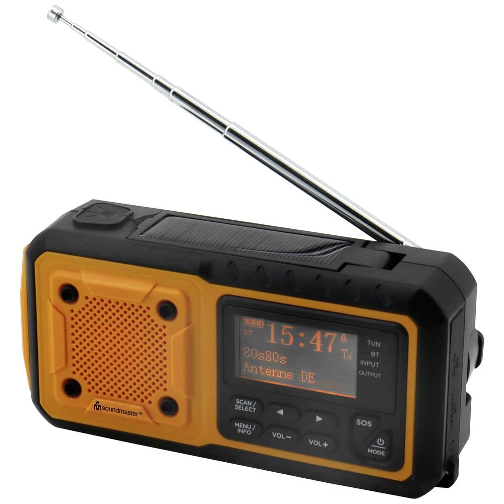 soundmaster DAB112OR vanjski radio DAB+ (1012), UKW (1014) radio za hitne slučajeve, Bluetooth®, USB  funkcija punjenja baterije, ručna obrtaljka, solarni panel, džepna svjetiljka, funkcija alarma,... slika