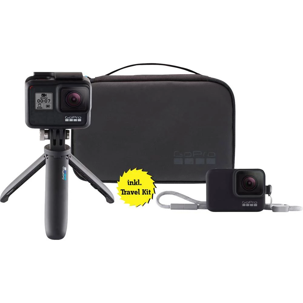 GoPro HERO 7 Black inkl. Travel Kit Akcijska kamera Full HD, Vodootporan, Zaslon osjetljiv na dodir, 4K slika