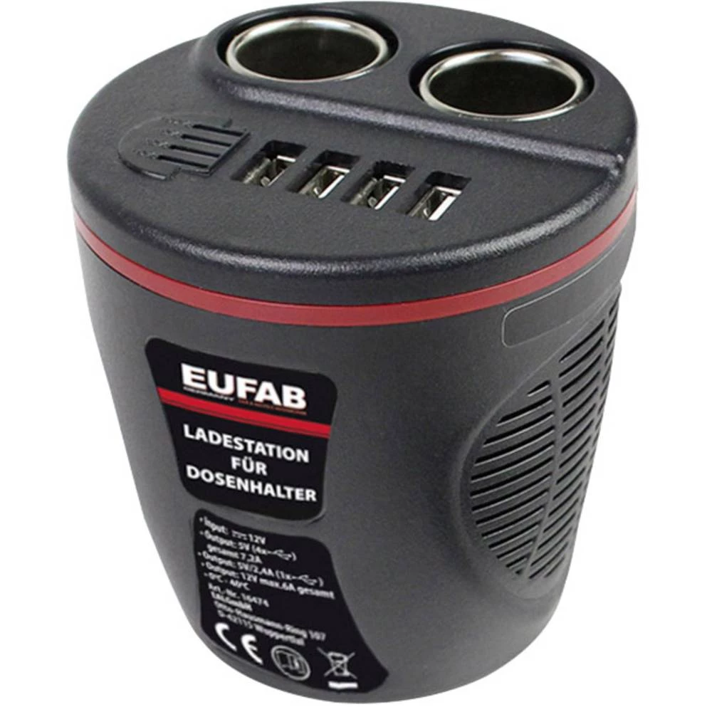 Razdjelnik za cigaretni upaljač Broj spojnica za cigaretni upaljač 2 x Sučelje: USB 4 x Opteretivost struje, maks. 13.2 A Eufab slika