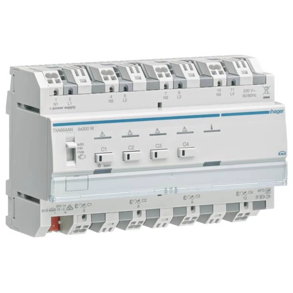 Univerzalni aktuator za prigušivanje 4-struki KNX easy 4x300W ESL/LED može se kombinirati Hager TXA664AN aktuator za zatamnjivanje TXA664AN slika