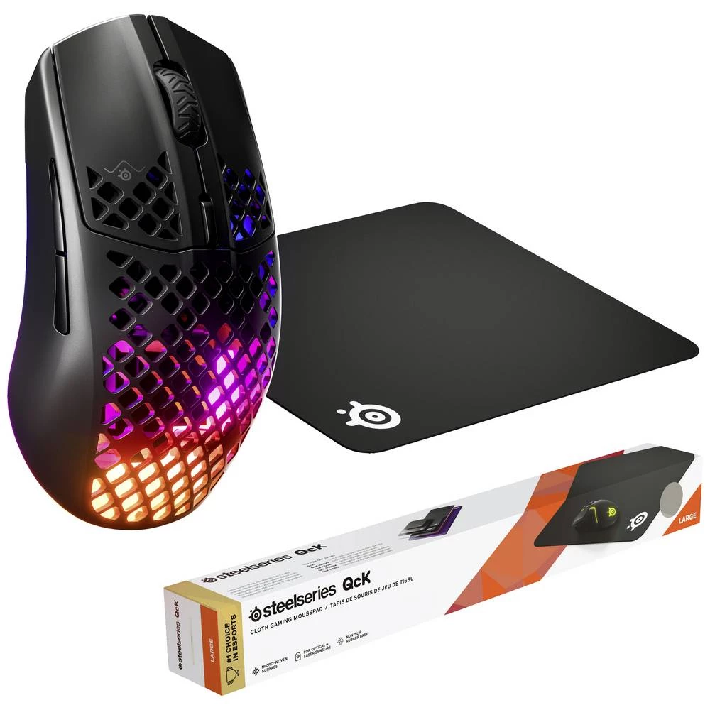 Steelseries Aerox 3 Wireless (2022) Onyx, QcK Large Bundle igraći miš bežično optički oniks 6 Tipke 18000 dpi ergonomski, osvjetljen slika