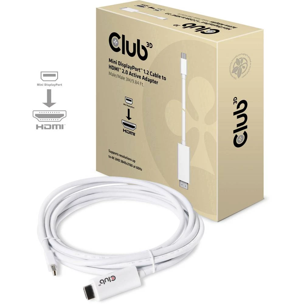 club3D Mini-DisplayPort Priključni kabel [1x Muški konektor Mini DisplayPort - 1x Muški konektor HDMI] 3 m Bijela slika