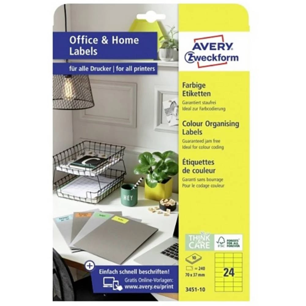 Avery-Zweckform 3451-10 etikete 70 x 37 mm papir žuta 240 St. trajno univerzalne naljepnice 10 Blatt din a4 slika