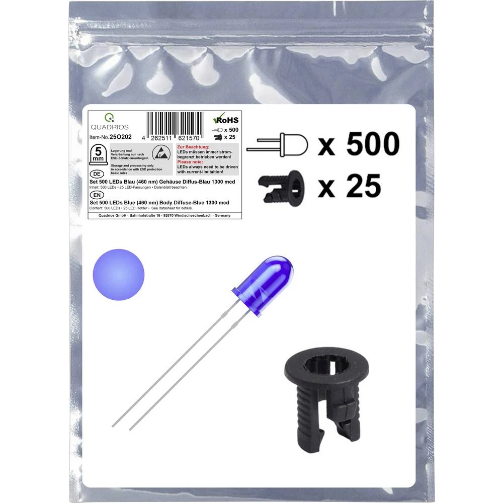 Quadrios 25O202 LED komplet plava boja okrugli 5 mm 1300 mcd 20 mA 3.0 V slika