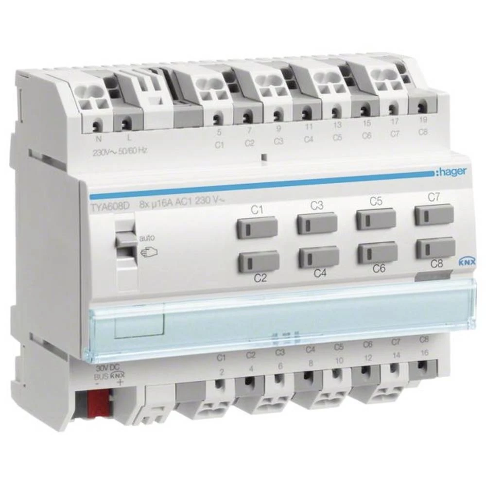 Sklopni/slijepi aktuator 8/4-struki KNX 16A C-opterećenje s ručnim upravljanjem Hager TYA608D pokretač žaluzina TYA608D slika