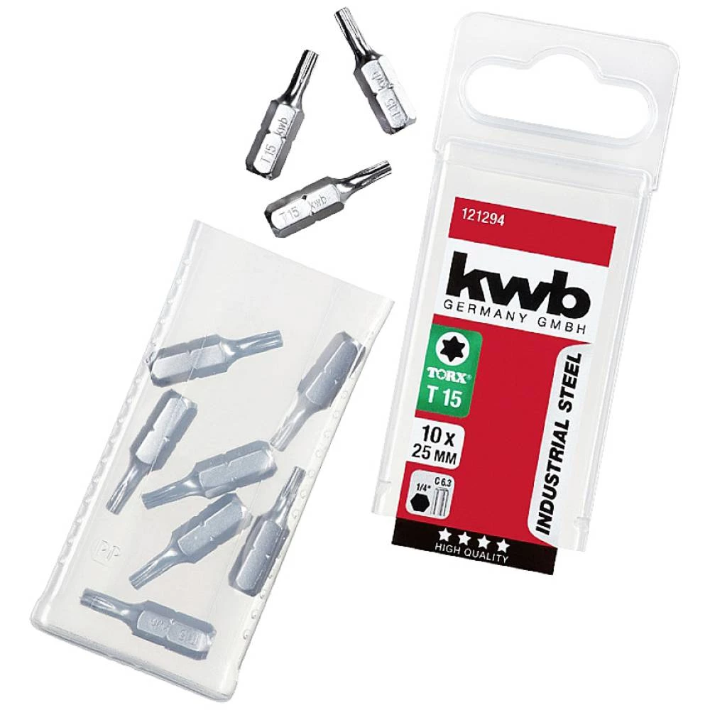 kwb 10er TX 15 set bitova od industrijskog čelika, bitovi 25 mm, vanjski šesterokut 1/4',', kwb  121294 TX-bit T 15 čelik  C 6.3 10 St. slika