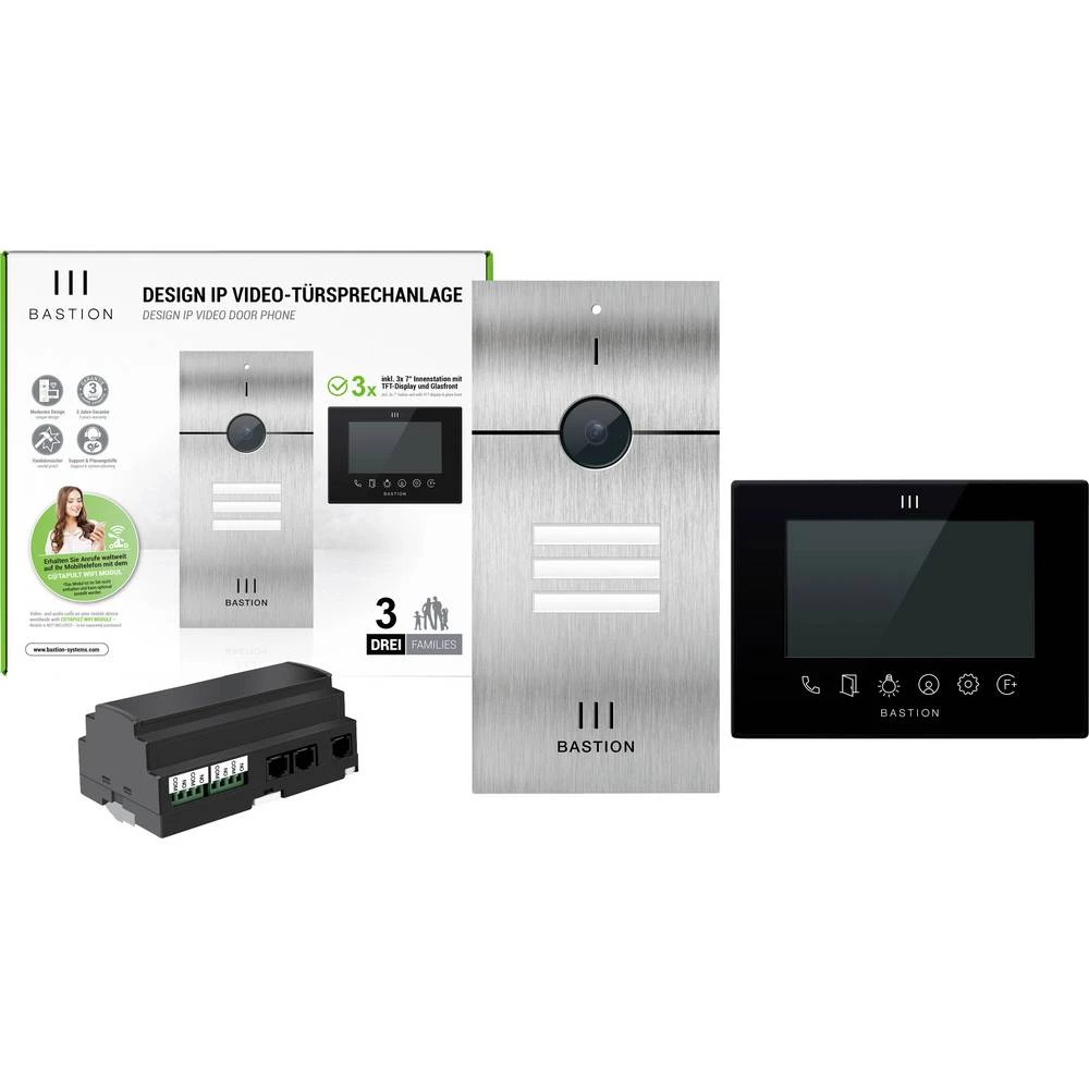 Bastion BA.KIT.DREI.INOX.BLK video portafon za vrata lan vanjska jedinica, unutarnja jedinica 3 obiteljske kuće plemeniti čelik (brušeni), crna slika