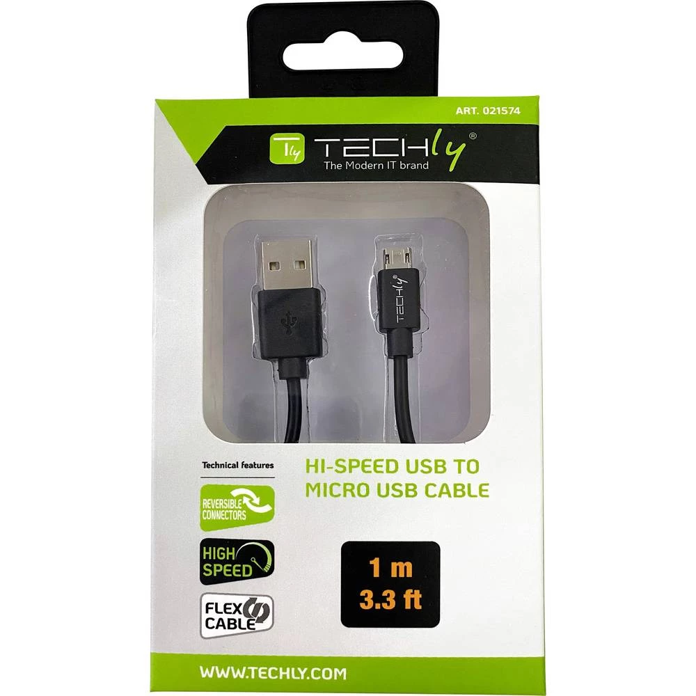 TECHly USB kabel USB 2.0 USB-A utikač, USB-Micro-B utikač 1.00 m crna utikač primjenjiv s obje strane slika