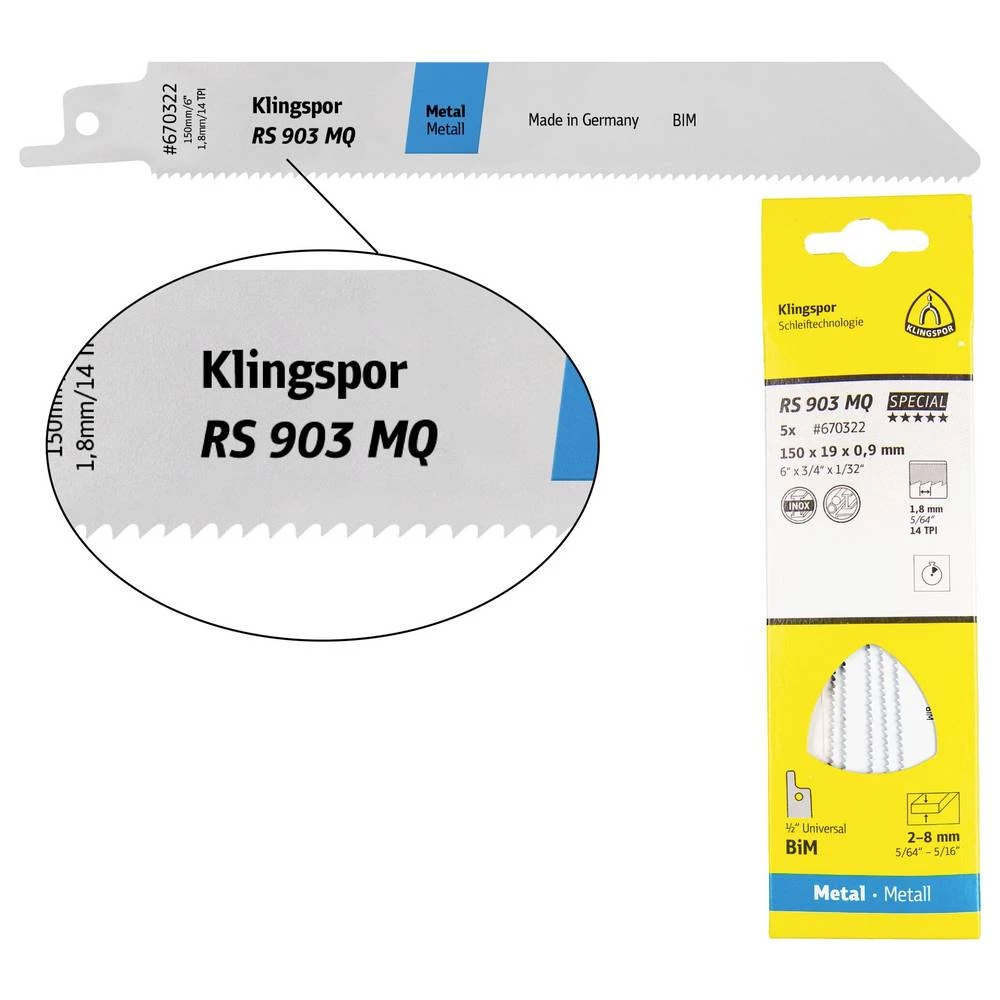 Klingspor 670322 RS 903 MQ listovi za recipročnu pilu, 150 x 19 x 0,9 mm, korisna duljina 130 mm, bimetalni, glodani, u slika