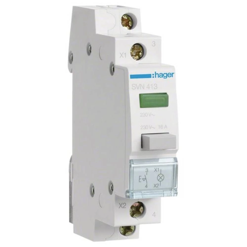 Hager SVN413 tlačna sklopka 16A 1 uspostavi kontakt 230VAC sa zelenim indikatorskim svjetlom #####Druckschalter zelena 16 A 230 V Hager SVN413 slika