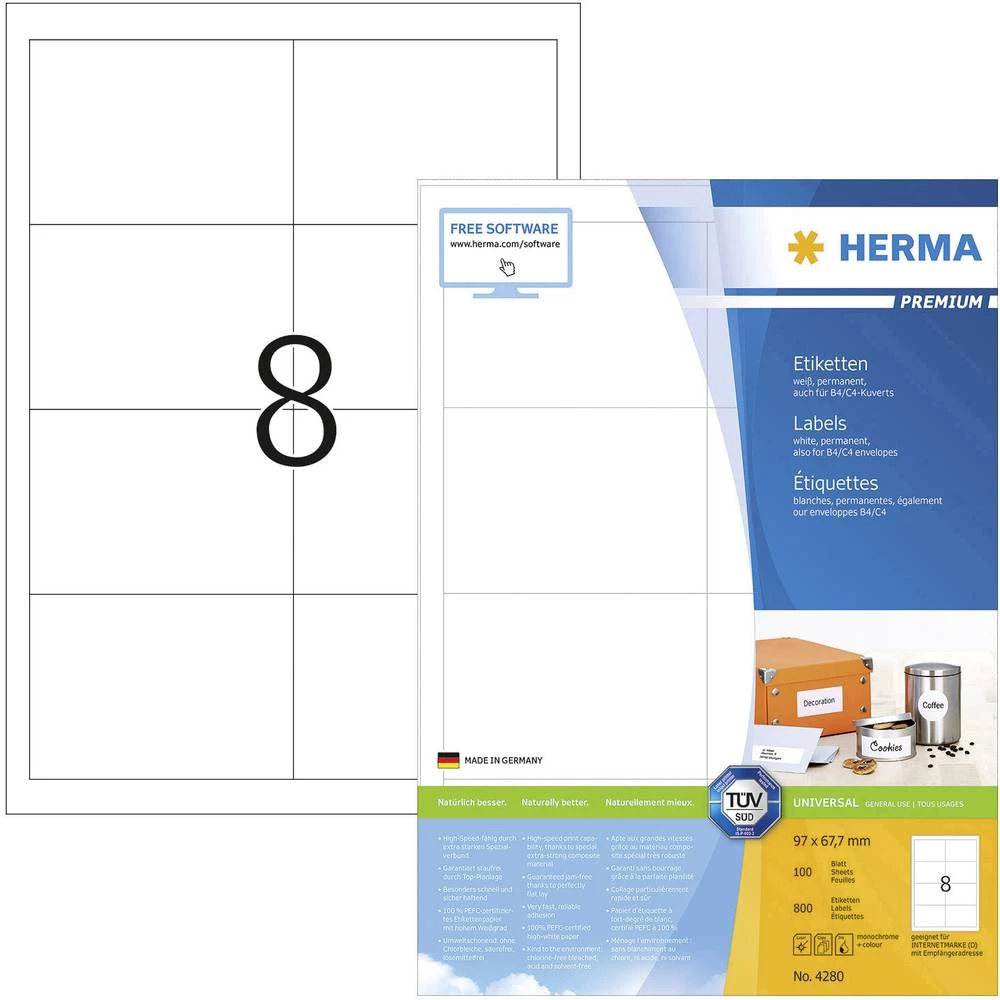 Herma 4280 Etikete 97 x 67.7 mm Papir Bijela 800 ST Trajno Univerzalne naljepnice, Naljepnice za adrese Tinta, Laser, Kopija slika