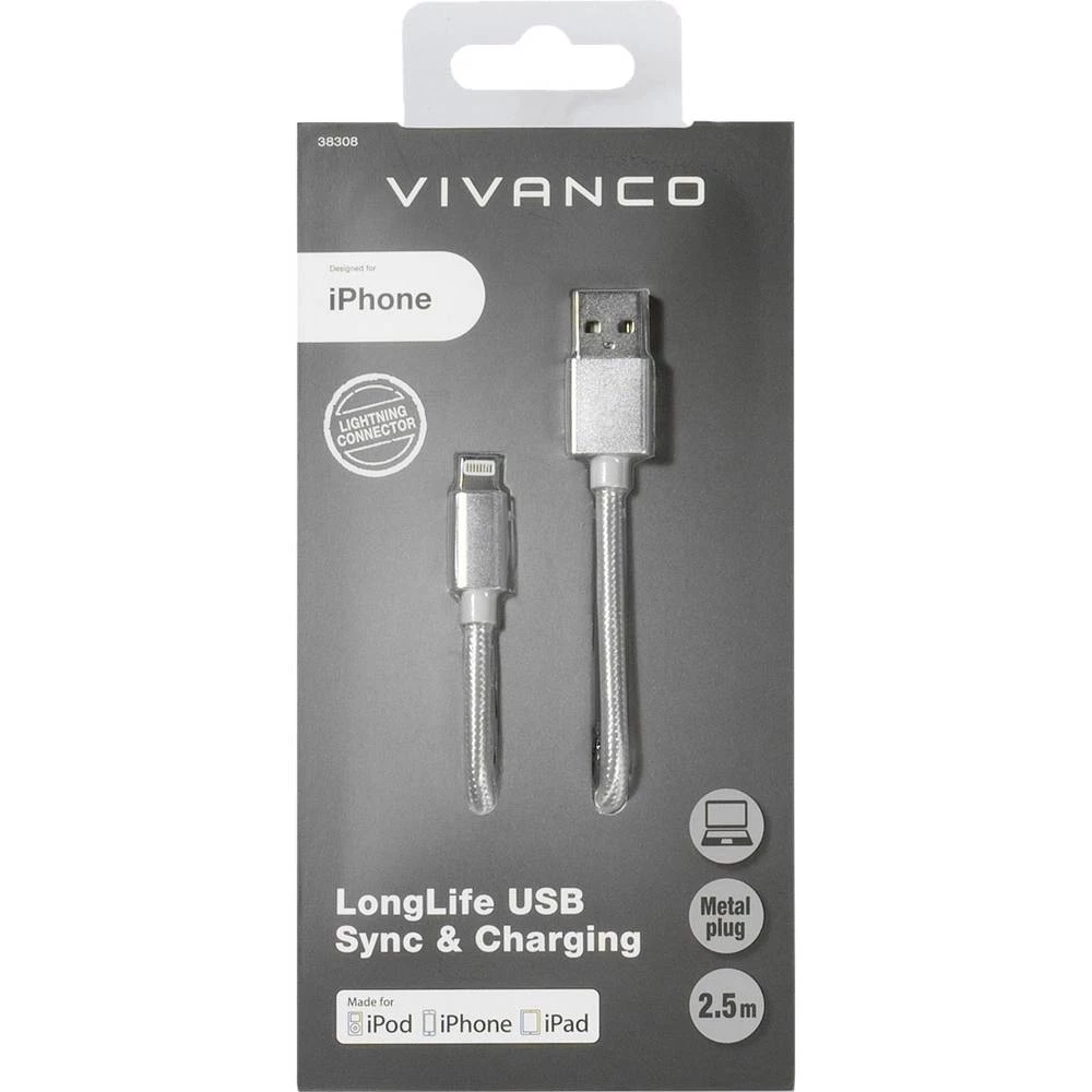 Vivanco USB 2.0 Priključni kabel [1x Muški konektor USB - 1x Muški konektor Apple Dock Lightning] 2.5 m Srebrna Oplaštenje od te slika