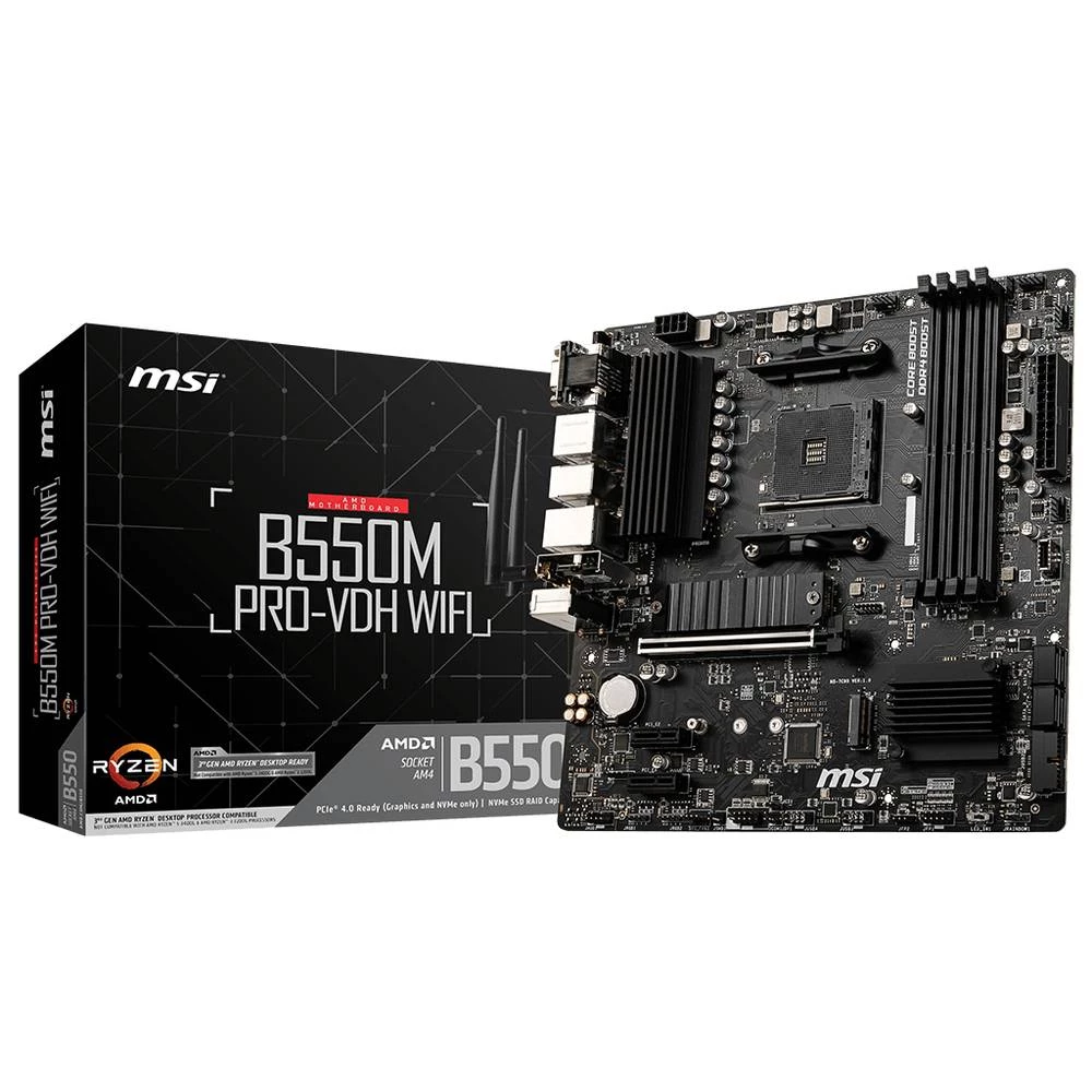 MSI B550M PRO-VDH WIFI, AMD, Socket AM4, 3. generacija AMD Ryzen™ 3, 3. generacija AMD Ryzen™ 5, 3. generacija AMD Ryzen™ 7, 3...., DDR4-SDRAM, 128 GB, DIMM MSI B550M PRO-VDH WIFI matična ploča Baz... slika