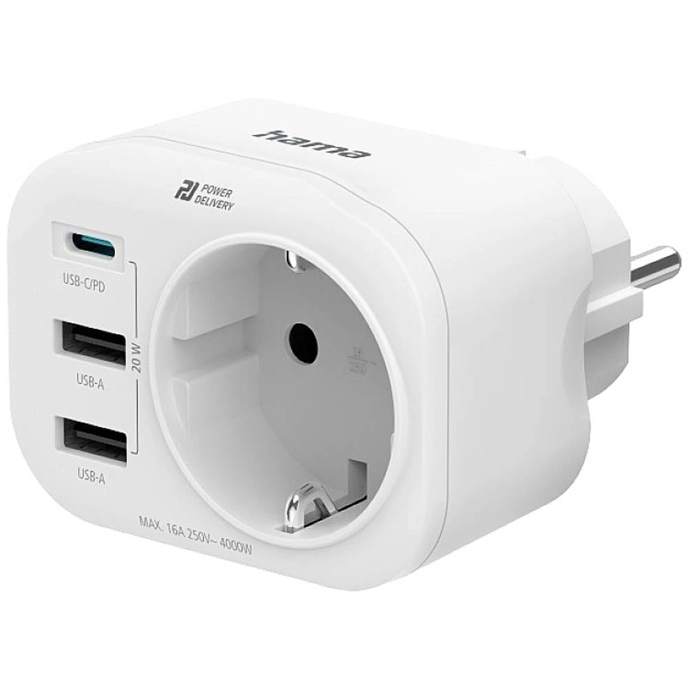 4-smjerni adapter za utičnice, 1 x USB-C, 2 x USB-A, 1 x zaštitni kontakt, 20 W, PD, WS Hama 00223342 bežični međuutikač s USB   bijela slika